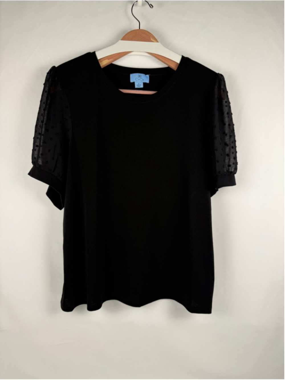 Black Puff Sleeve Top w/ sheer polka dot sleeves $8 w/$25 purchase